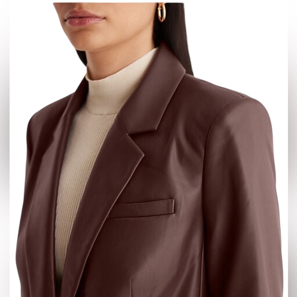 Express NWT chocolate brown faux leather cinched one button boyfriend blazer - Picture 3 of 16